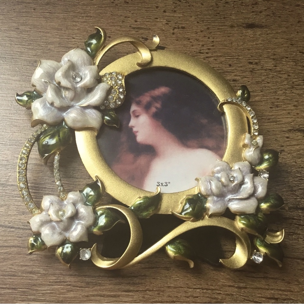 Decorated small picture frame Enamel and brass tone